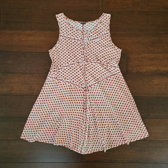 Womens Sleeveless Fit & Flare Basketweave Print Summer Dress Size L Orange White - Picture 5 of 8
